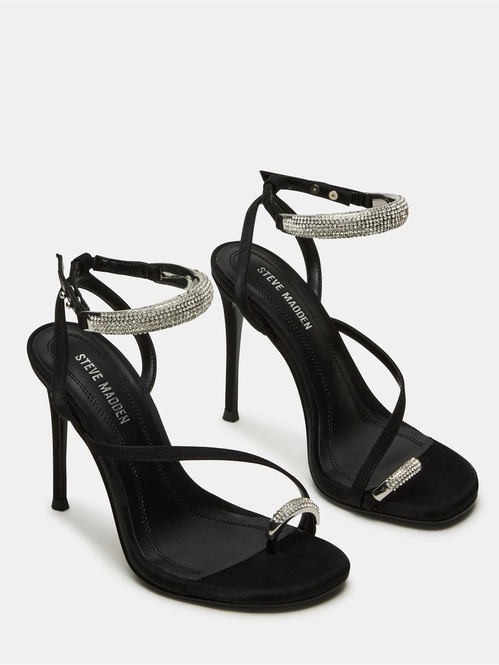 NWT Steve Madden Tia Crystal Embellished Ankle Strap Stiletto Sandals Black